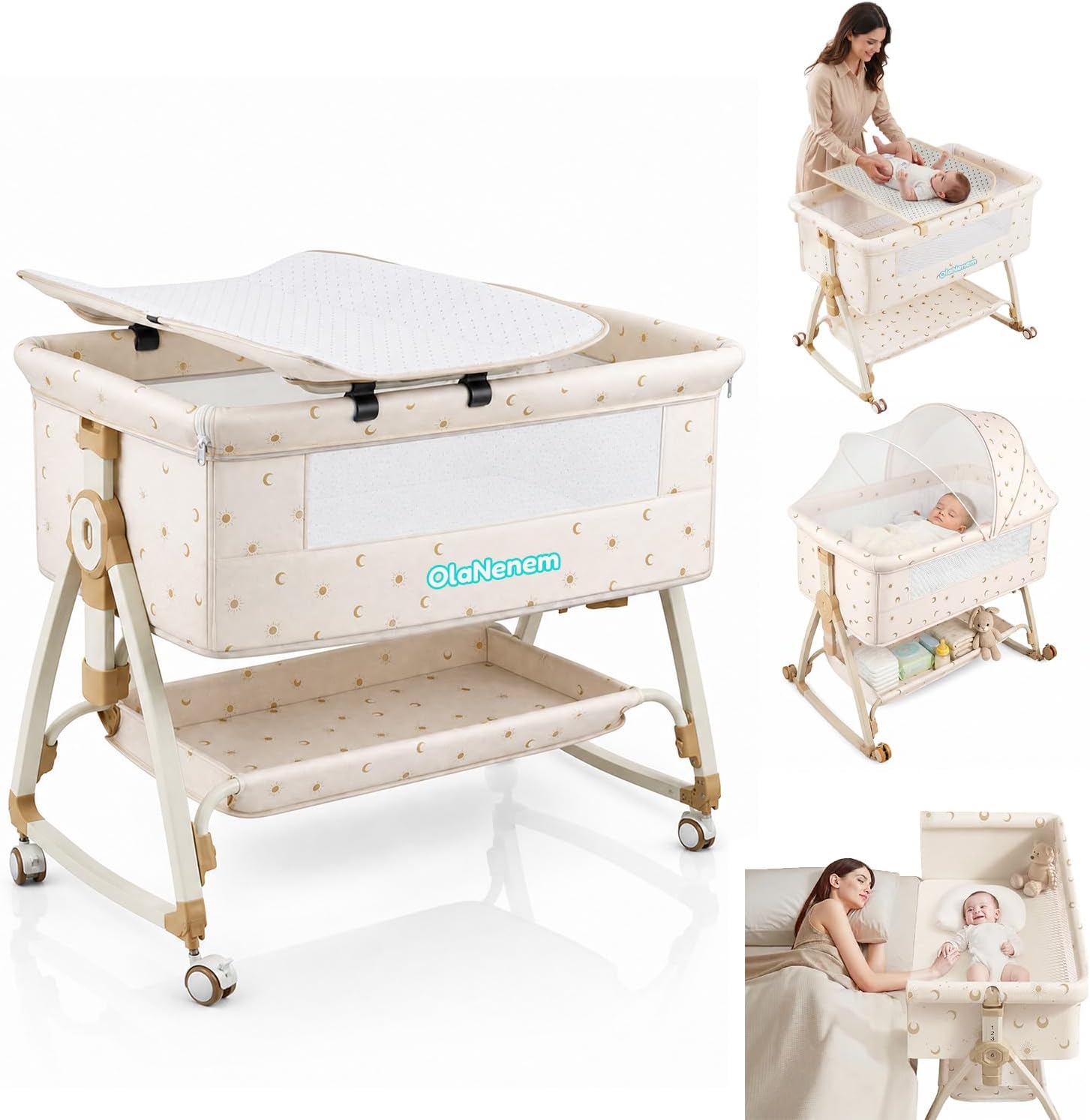 6 em 1 Berço Portátil, Moises para bebe com Fraldário e Mosquiteiro, Acoplado à Cama com Suporte Triangular de Aço Carbono, 6 Alturas e Inclinação Antirrefluxo 5°(Bege)