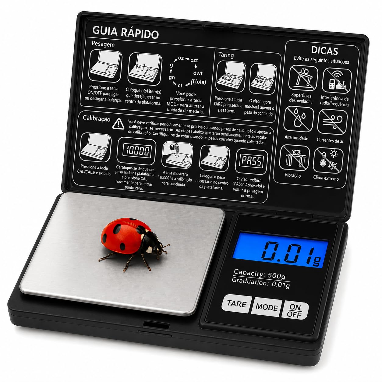 Balança Digital de Precisão 0,01g a 500g Compacta e Portátil com Visor LCD - " Função Tare" 2 Pilhas Inclusas, Facilidade e Praticidade em um Só Lugar