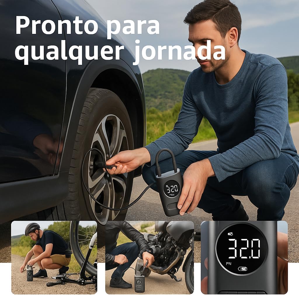 Calibrador Compressor Bomba De Ar Portátil Digital Mini Com Lanterna LED para Encher Pneus de Carro, Moto, Bike, Bicicleta, Bola e Piscina Inflável