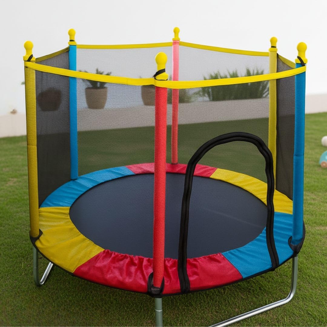 Cama Elástica Infantil com Rede de Proteção, diâmetro 140cm X altura 120cm, Colorida, pula pula para Interior e Exterior ELORIA