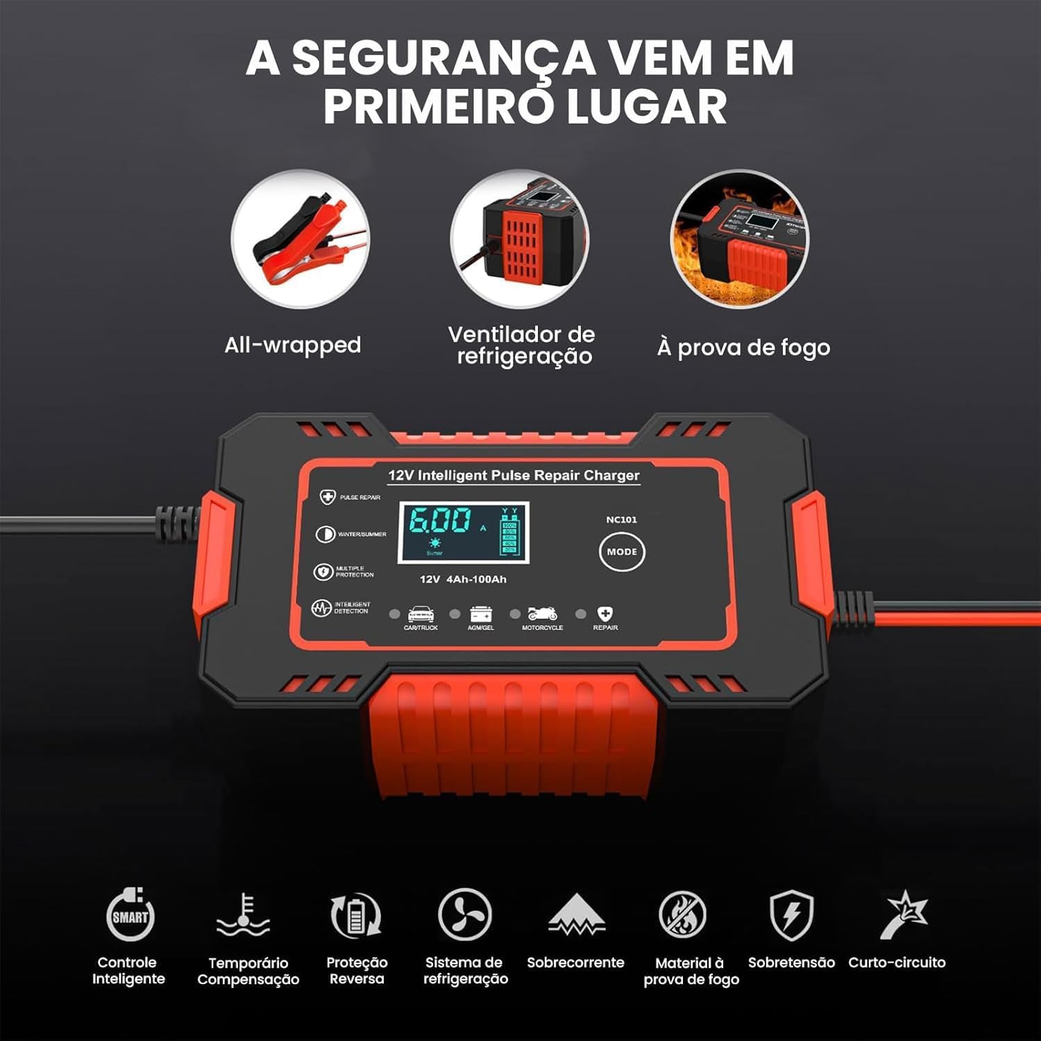 Carregador de Bateria Inteligente 12V 6A para Carros e Motos — foto 5