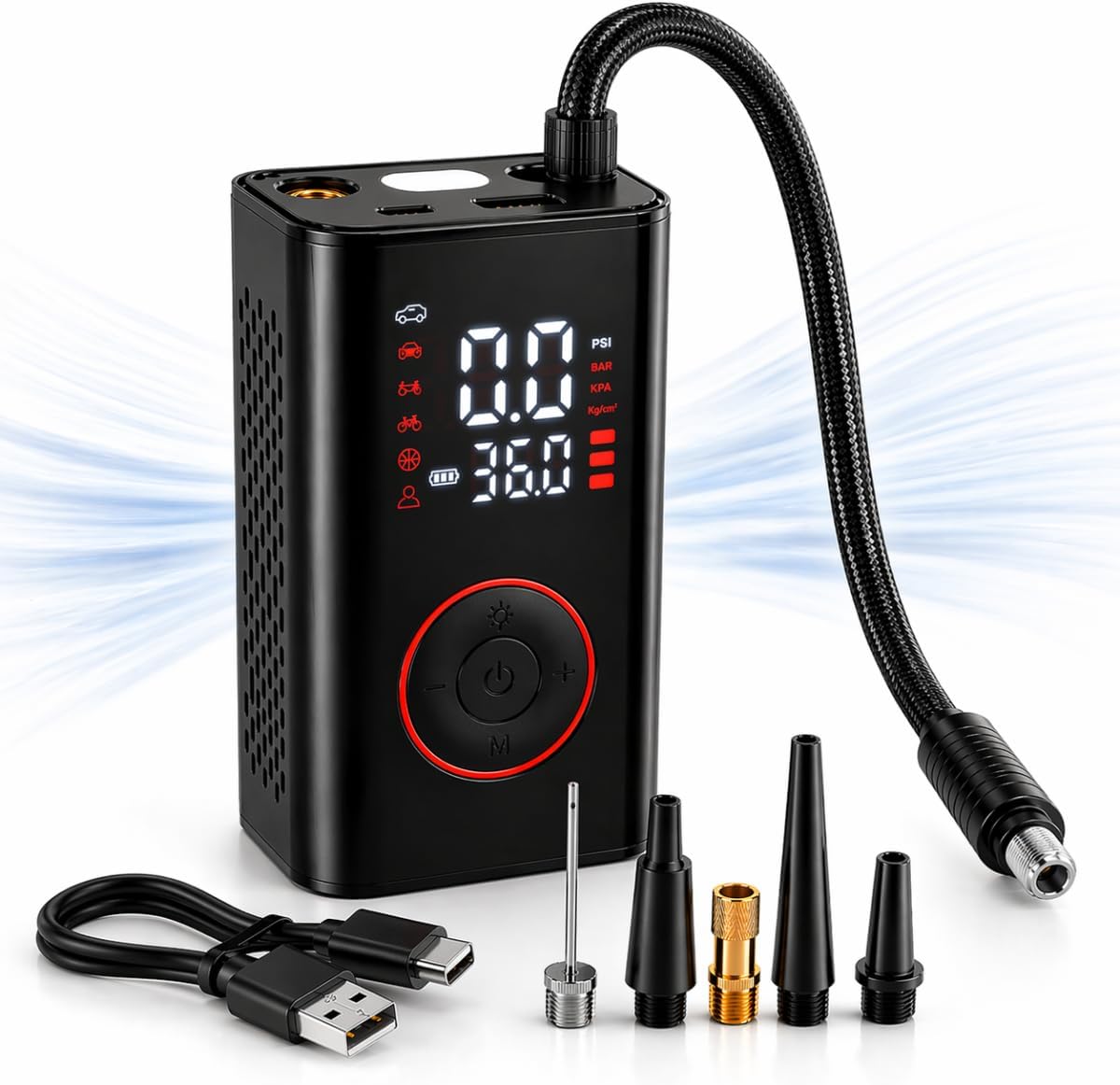 Compressor de Ar Portátil Premium Mini Calibrador Bomba de Ar Digital Para Encher Pneus de Carro, Moto, Bike, Bola e Infláveis Recarregável Sem Fio Com Lanterna LED - Carrega o Celular