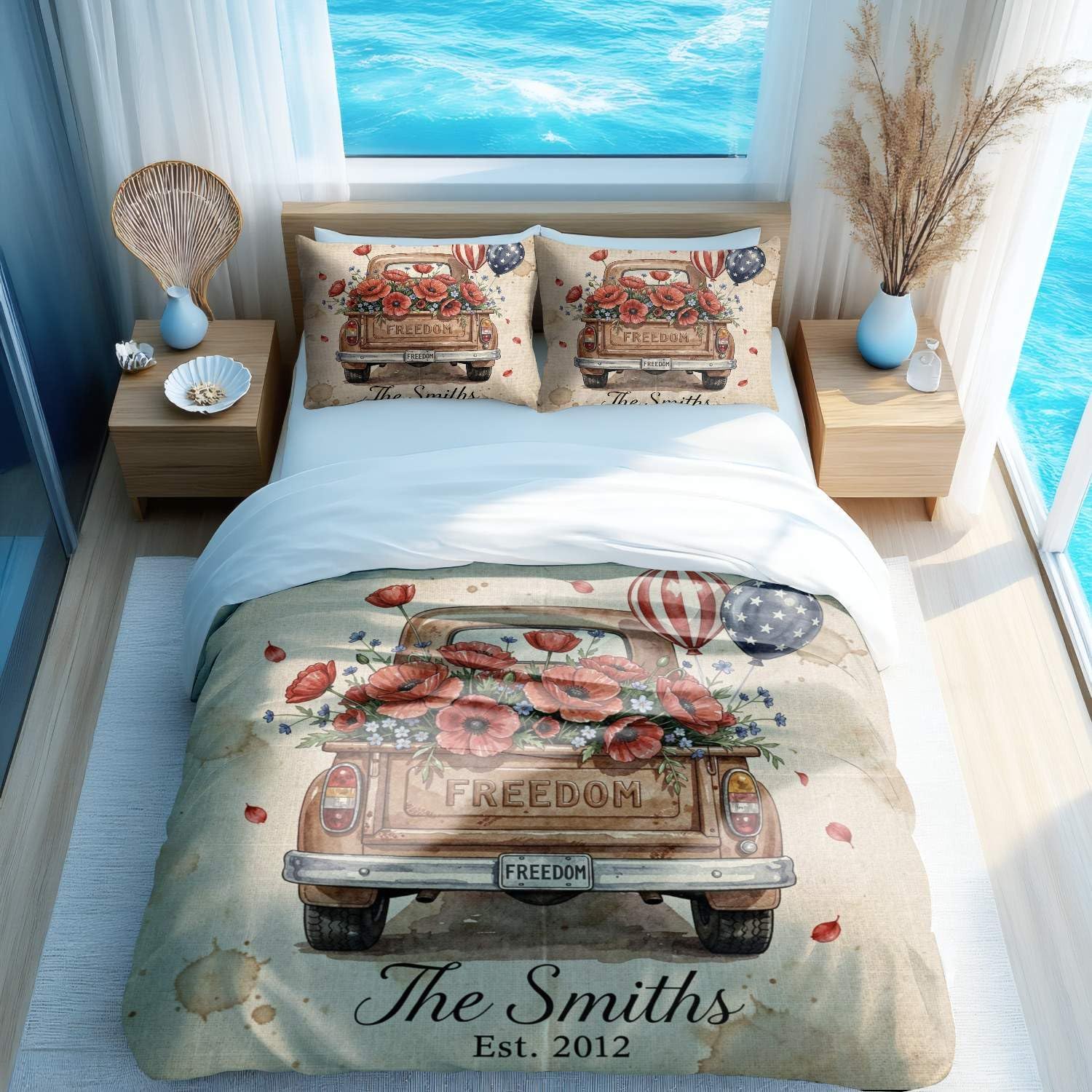Conjunto de capa de edredom floral de caminhão vintage rosa Queen, roupa de cama de fazenda em aquarela, estampa de flores rústicas de 3 peças (08, King 264 x 228 cm + 51 x 76 cm)