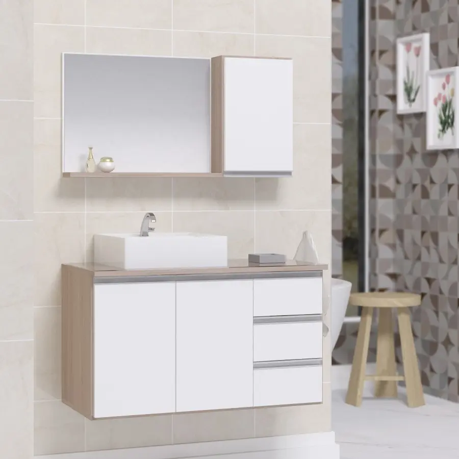 Conjunto Gabinete Banheiro Completo Prisma 0.80m Móvel Madeirado/branco — foto 2