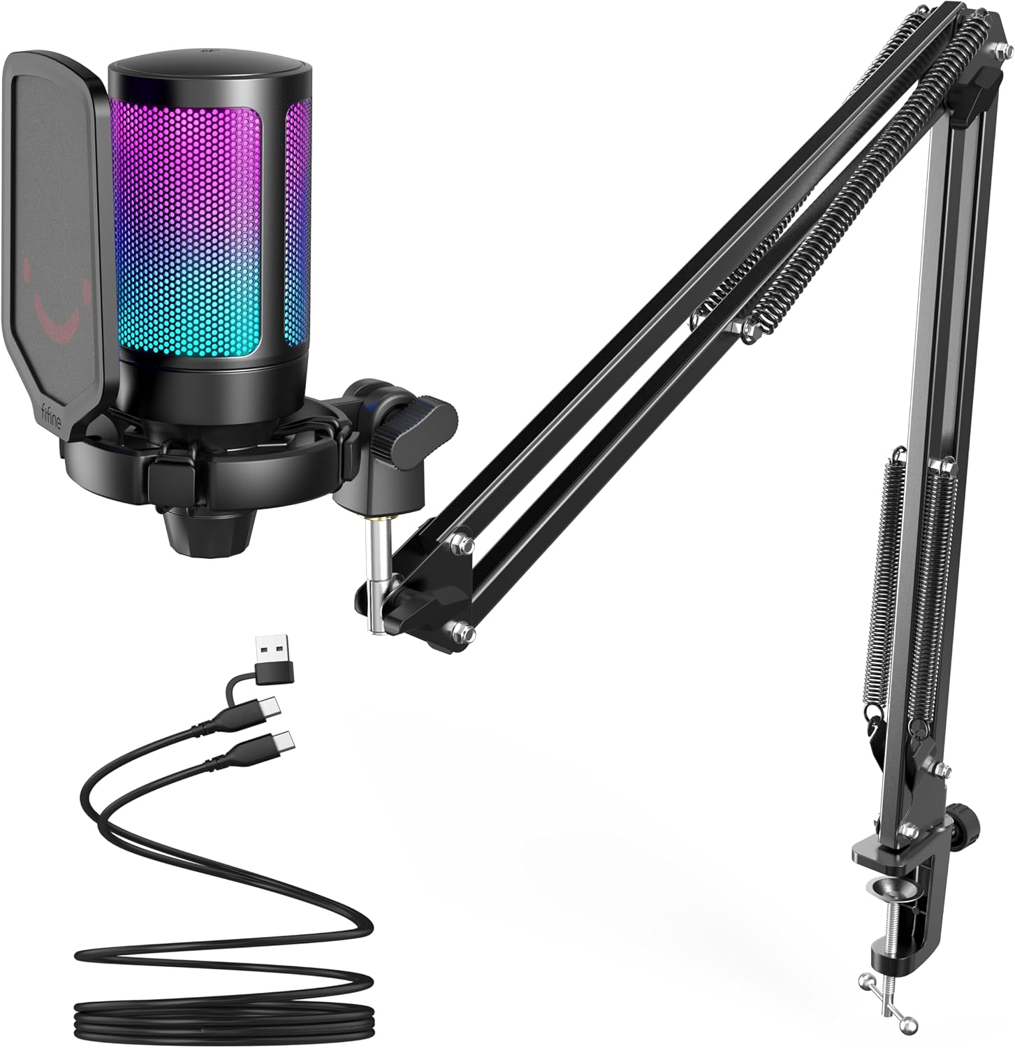FIFINE Gaming PC Microfone USB, Microfone Condensador para Podcast com Braço,Filtro Pop,Botão Mudo para Streaming,Twitch,Chat Online,Mic RGB para Computador para PS4/5 y Jogadores e Youtuber
