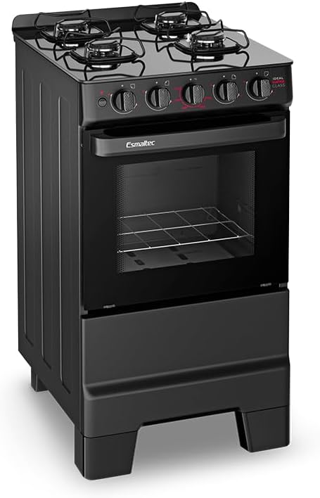 Fogão a Gás Mesa Glass Forno 50L Limpa Fácil e Acendimento Automático Esmaltec IDEAL Super Glass F4VAP Cor Preto 4 bocas Bivolt