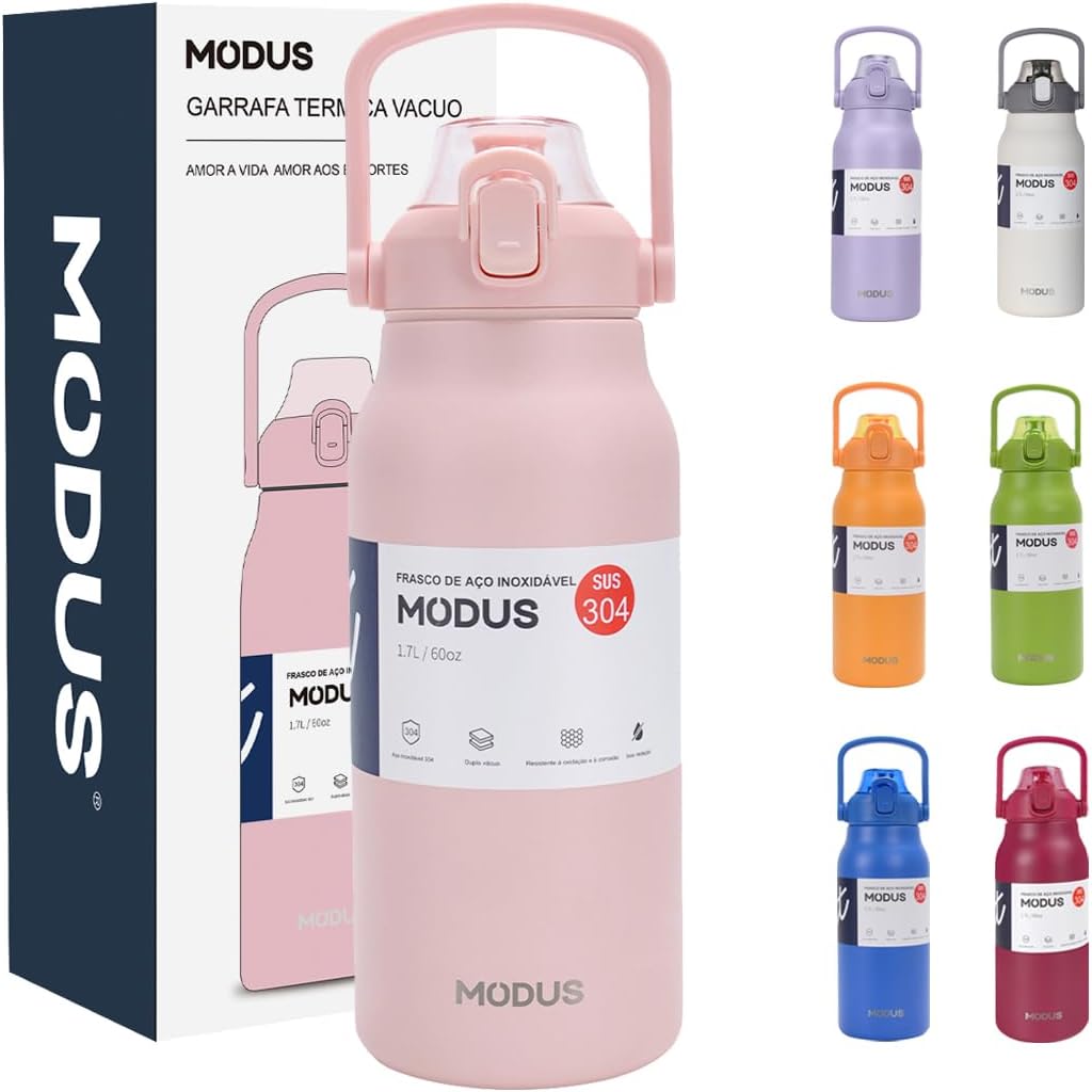 Garrafa Térmica 1700ml - Duplamente Isolada a Vácuo, Canudo e Base Emborrachada Anti Derrapante, Mantém Bebidas Quentes por 12 Horas e Geladas por 24 Horas (Rosa)