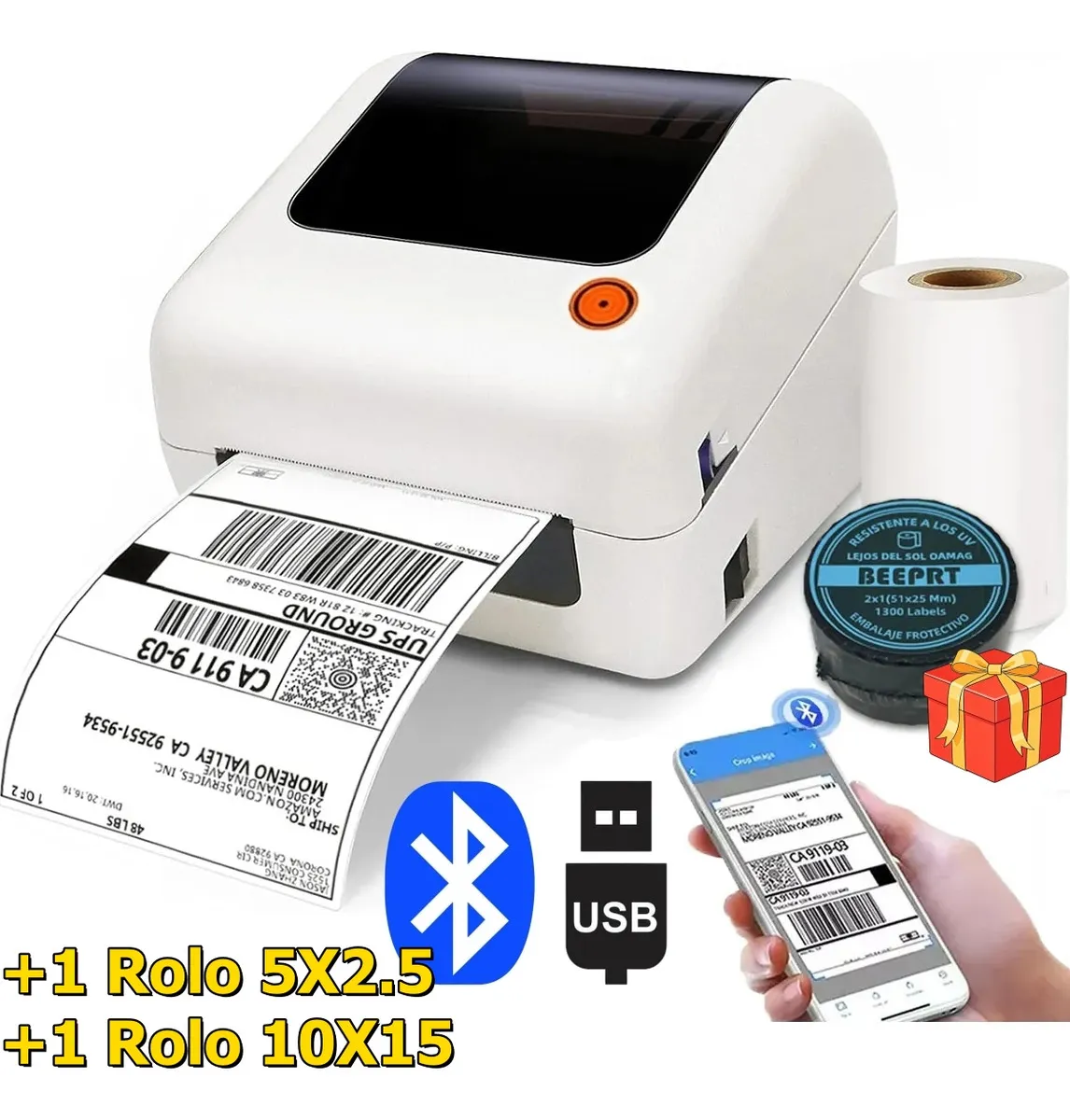 Impressora Térmica Bluetooth USB 110mm Código De Barras E Etiquetas + 2 Rolo De Etiqueta Adesivas Portátil Etiquetas De Envios Com 10 X 15 CM 127/220V Android iOS Windows MAC App Com ML Full