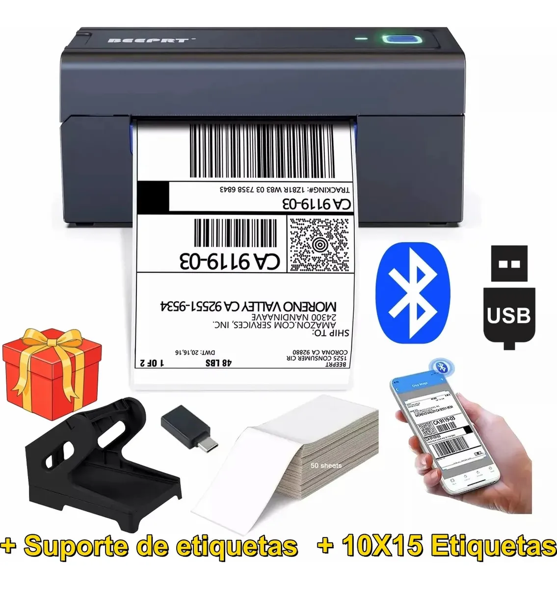 Impressora Térmica Bluetooth USB 110mm Código De Barras E Etiquetas + Suporte + Etiqueta Adesivas 10 X 15 CM Portátil Logística Impressora Etiquetas De Envios ML Full 127/220V Android iOS Wi