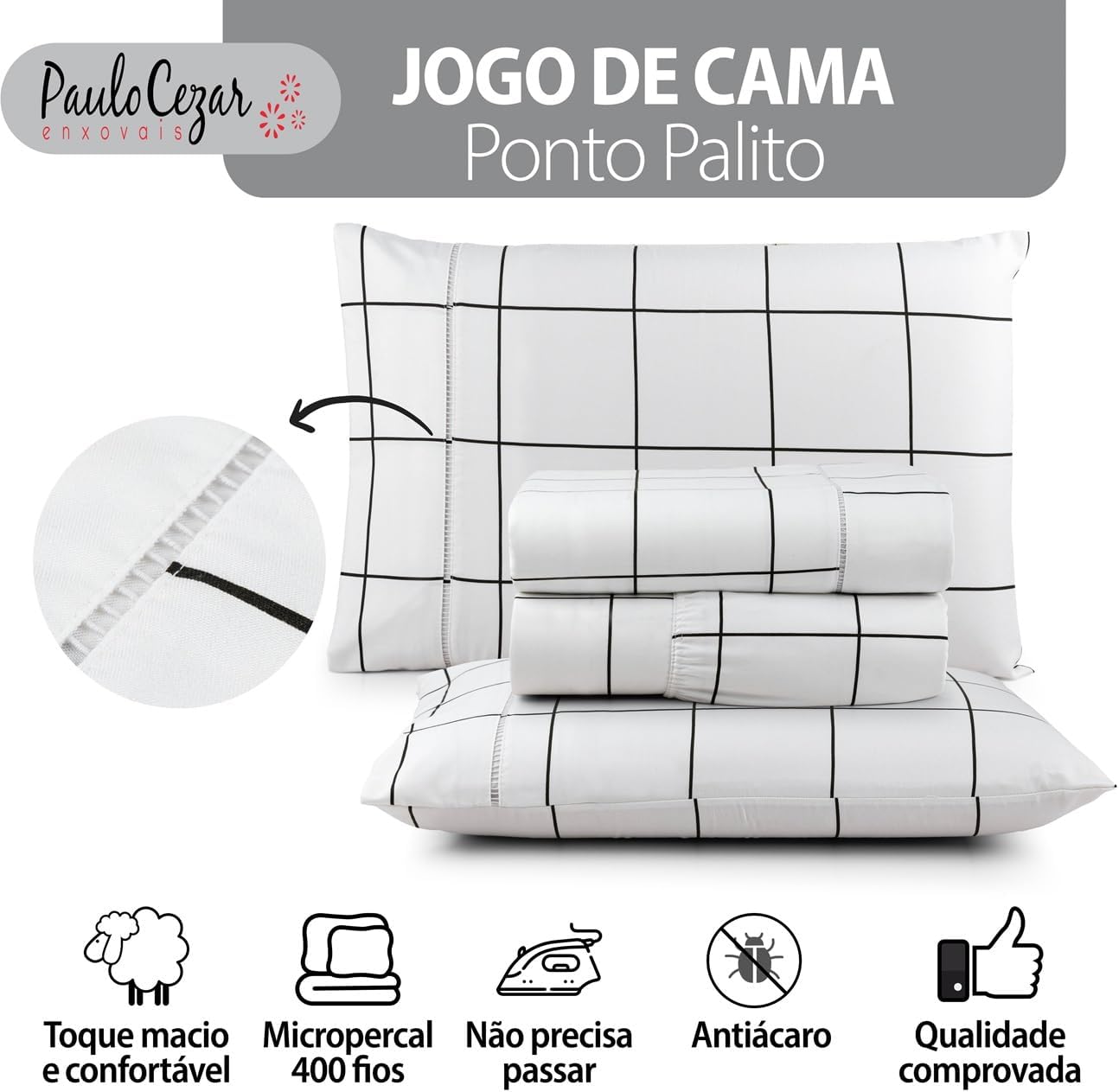 Jogo de Cama Percal 400 Fios Poliéster com Ponto Palito — foto 2