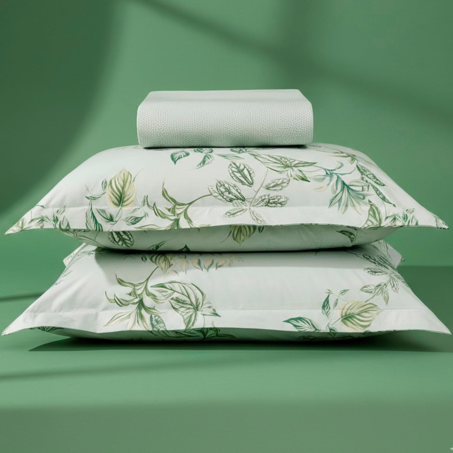 Jogo de Lençol Queen Karsten Percal 200 Fios 100% Algodão Estampado Cama Dobra Feita 3 Peças (Cedro - Folhas Verde)