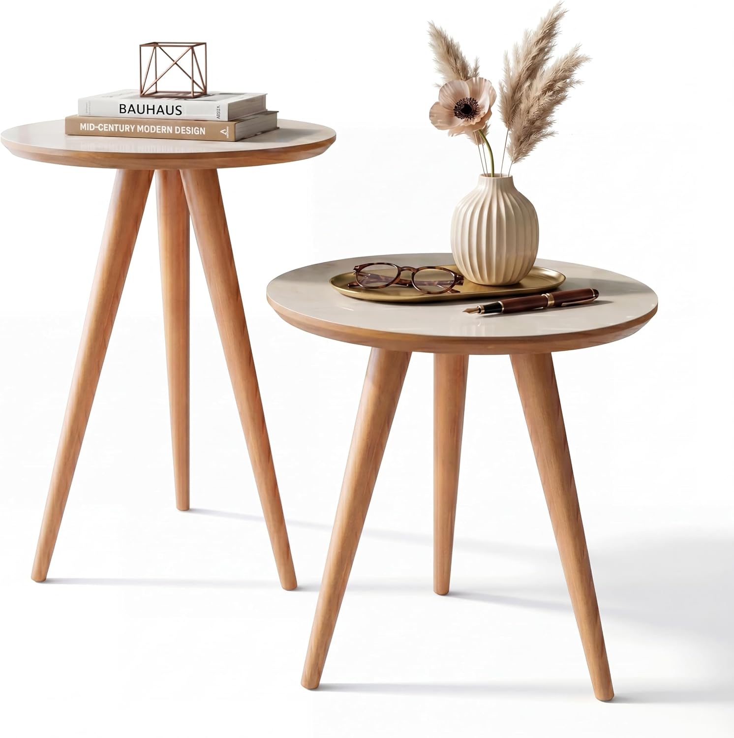 Kit Mesa Apoio e Lateral de Sofá Retrô Classic com 3 Pernas Decoração - Off White/Freijo