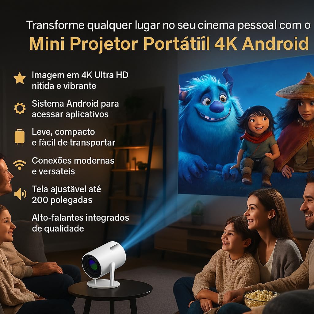 Mini Projetor Portátil 5G Wi-Fi 6 Bluetooth 5.0 Android 11 4K 1080P Full HD 8000 Lumens LED Auto Correção Trapezoidal Horizontal Rotação 180° Ideal para Projeções Cinemáticas