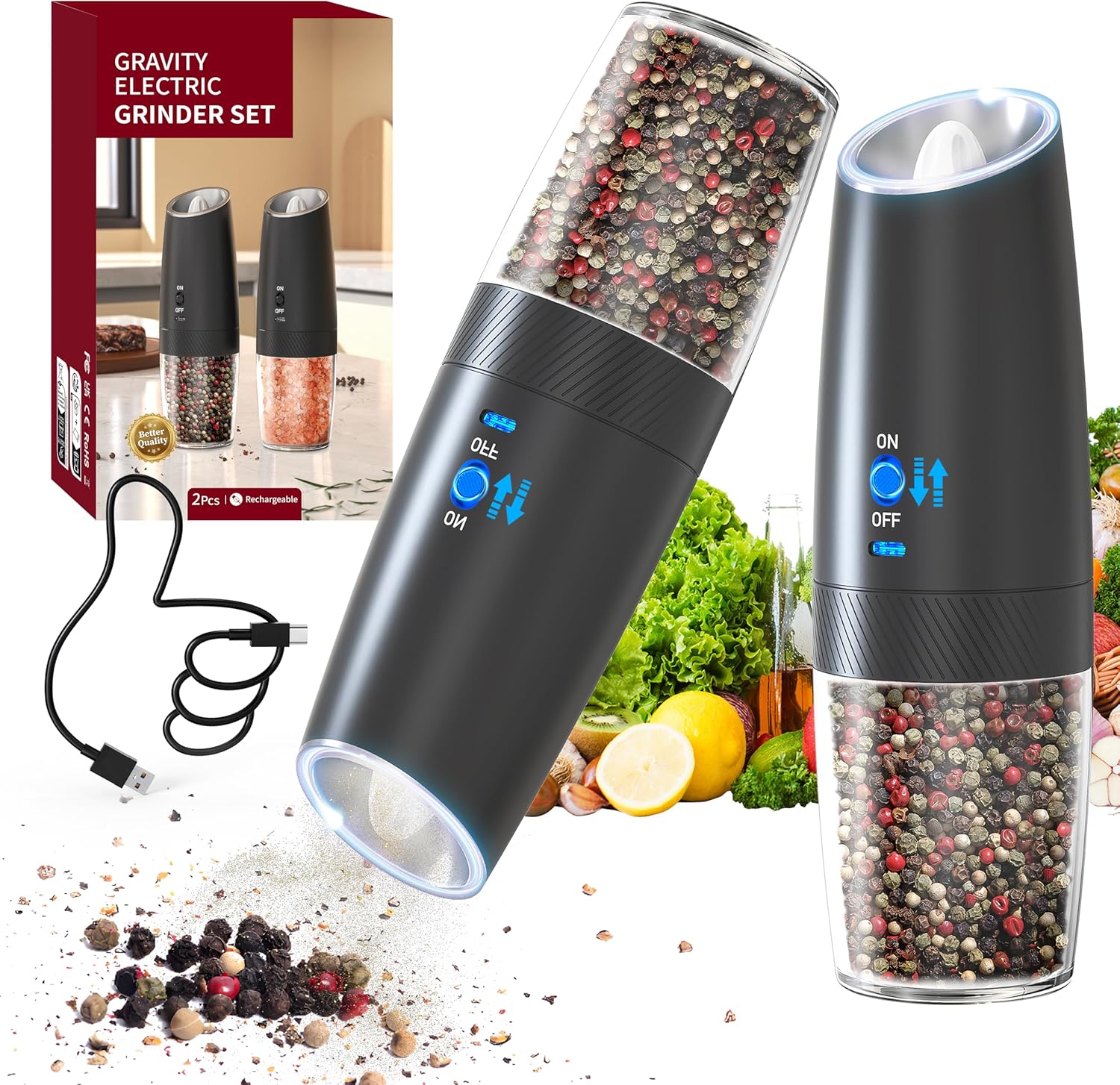 Moedor de Pimenta Elétrico Recarregável via USB