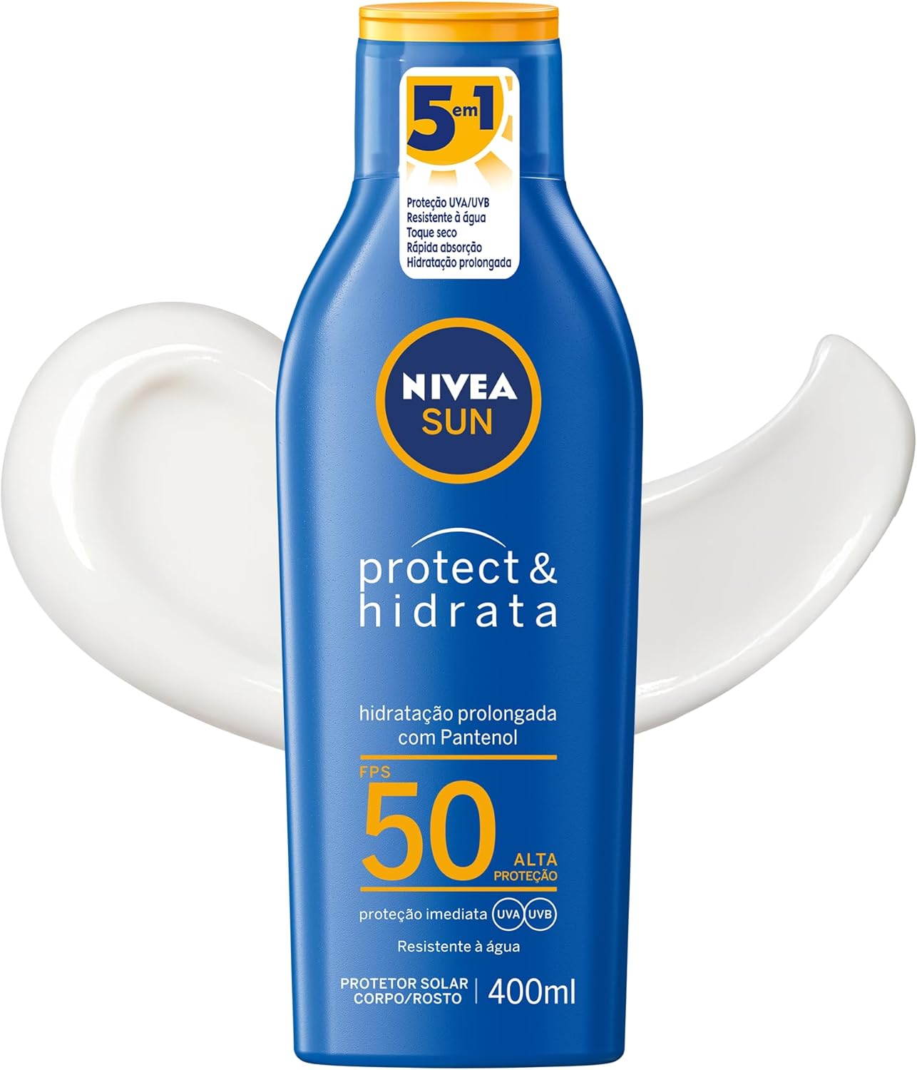 NIVEA SUN Protetor Solar Protect &amp; Hidrata FPS 50 400ml - Com toque seco, rápida absorção e resistente à água, esse protetor solar oferece altíssima proteção ao sol e promove hidratação 