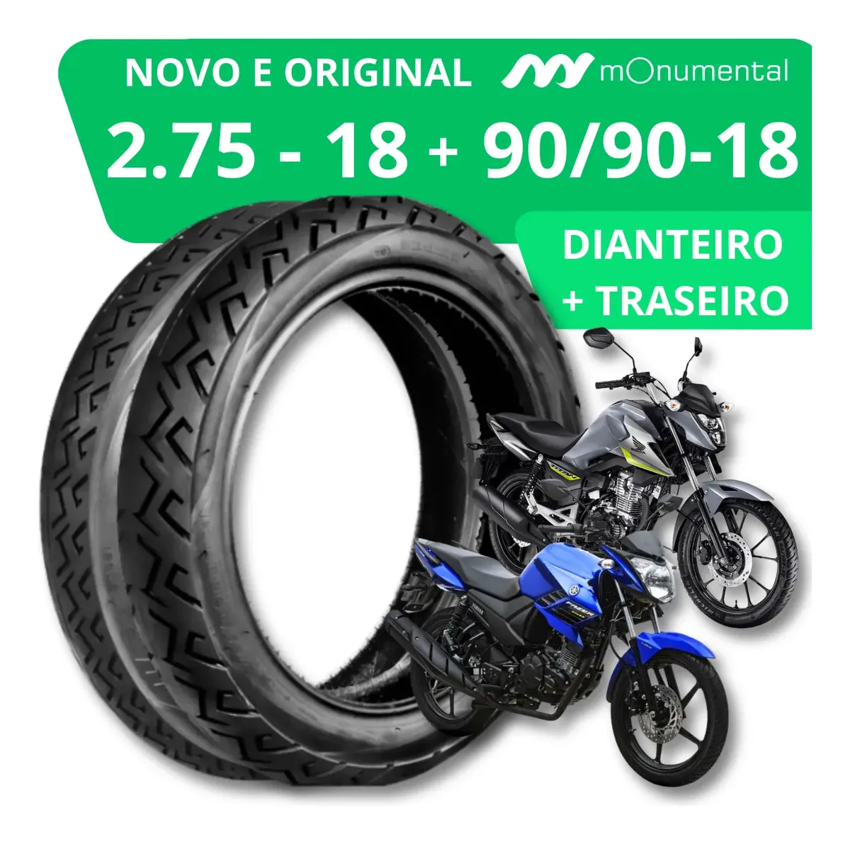Par Pneu Traseiro 90/90-18 + Dianteiro 2.75/18 Uso Com Câmara Ideal Para Moto Cg Titan Fan Start 160 150 125 Factor Fazer Zero Monumental