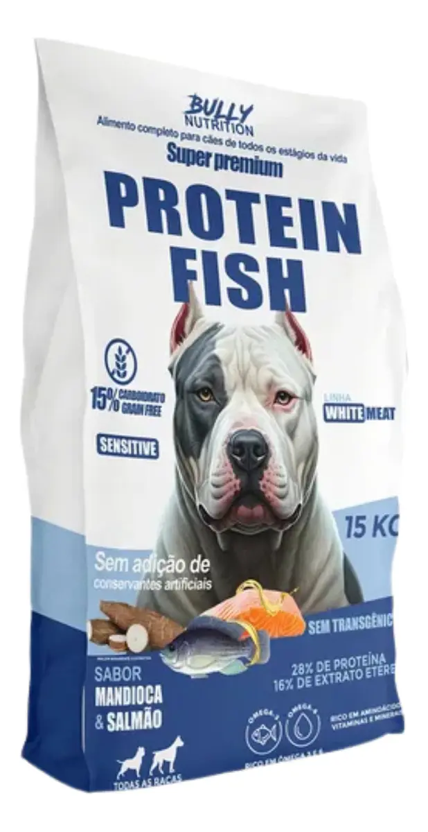 Protein Fish 15kg Bully Nutrition sabor mandioca e Salmão