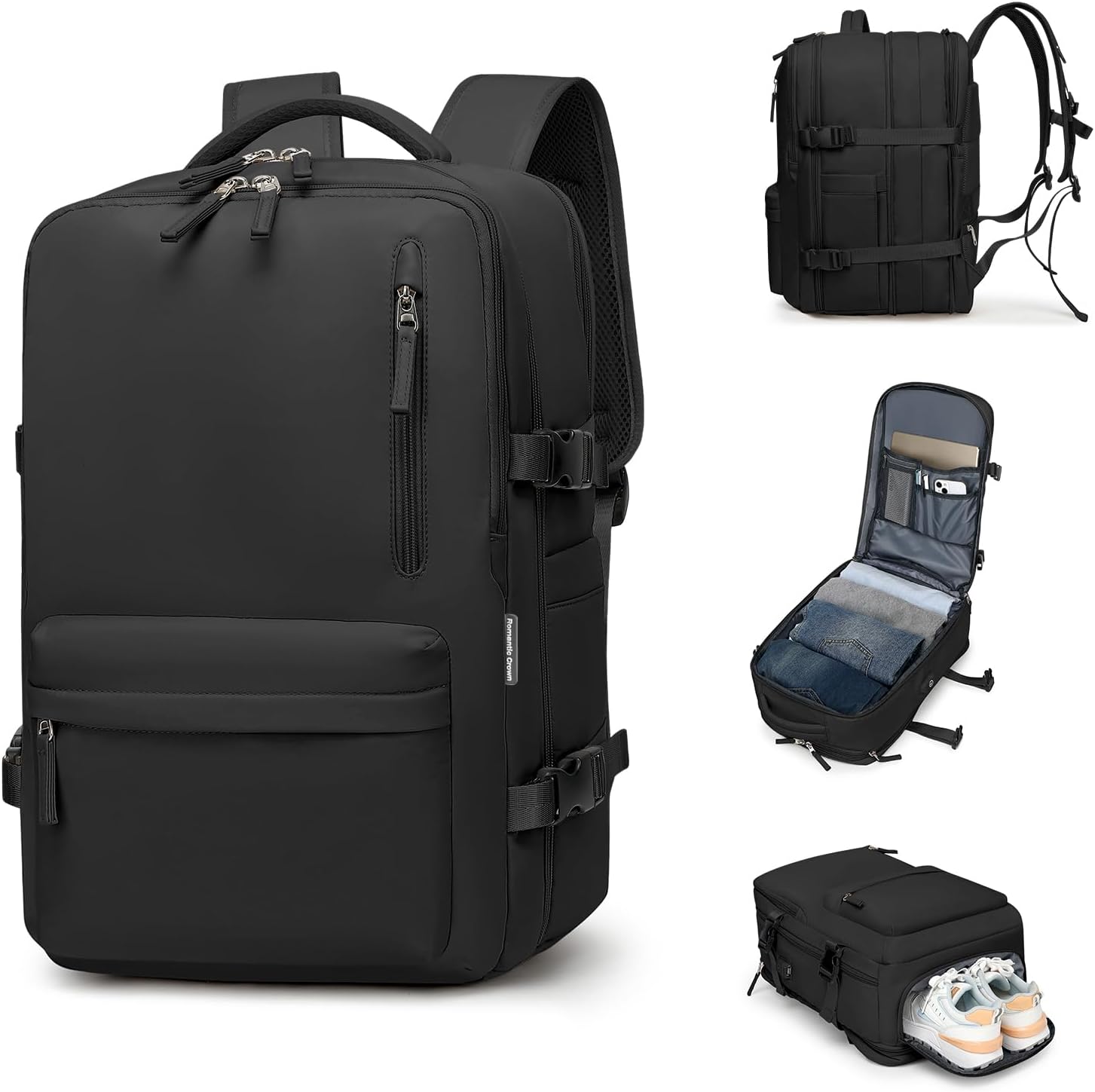 Romantic Crown Mochila de Viagem Expansivel Avião Grande Feminina,Mochila Executiva Masculina Impermeável Reforçada para Notebook,Casual Esportes Hiking Escola Presente (Todo Preto)