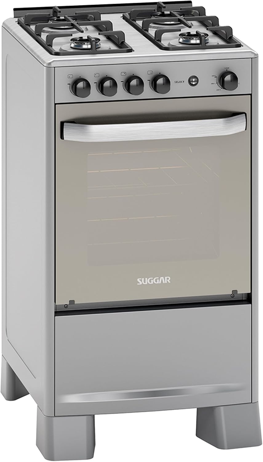 SUGGAR FOGÃO SELECT PRATA MESA DE INOX 4 BOCAS TREMPES DUPLAS FERRO FUNDIDO PORTA ESPELHADA ACENDIMENTO AUTOMÁTICO BIVOLT FGISL410PRIX