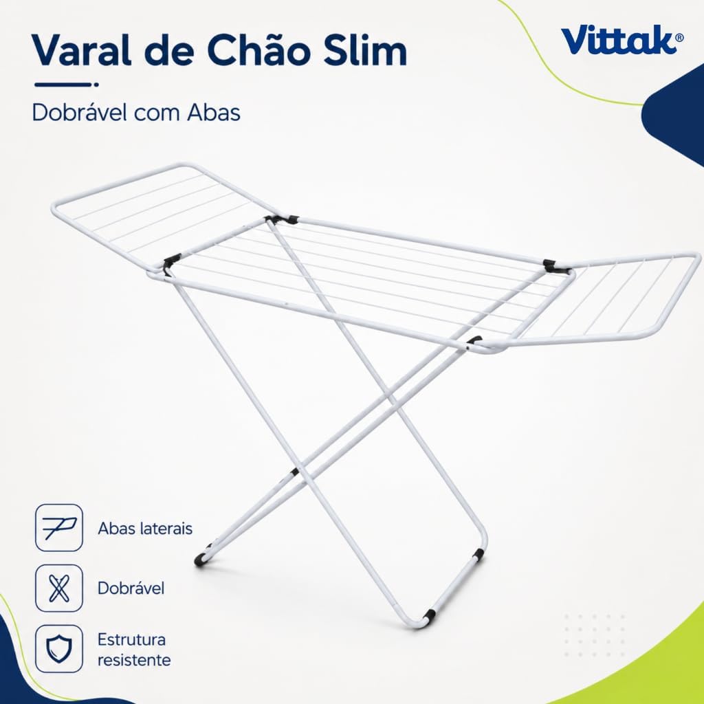 Vittak Varal de Chão Dobrável Slim Branco Com Abas Laterais Resistente Compacto Portátil - Até 15kg